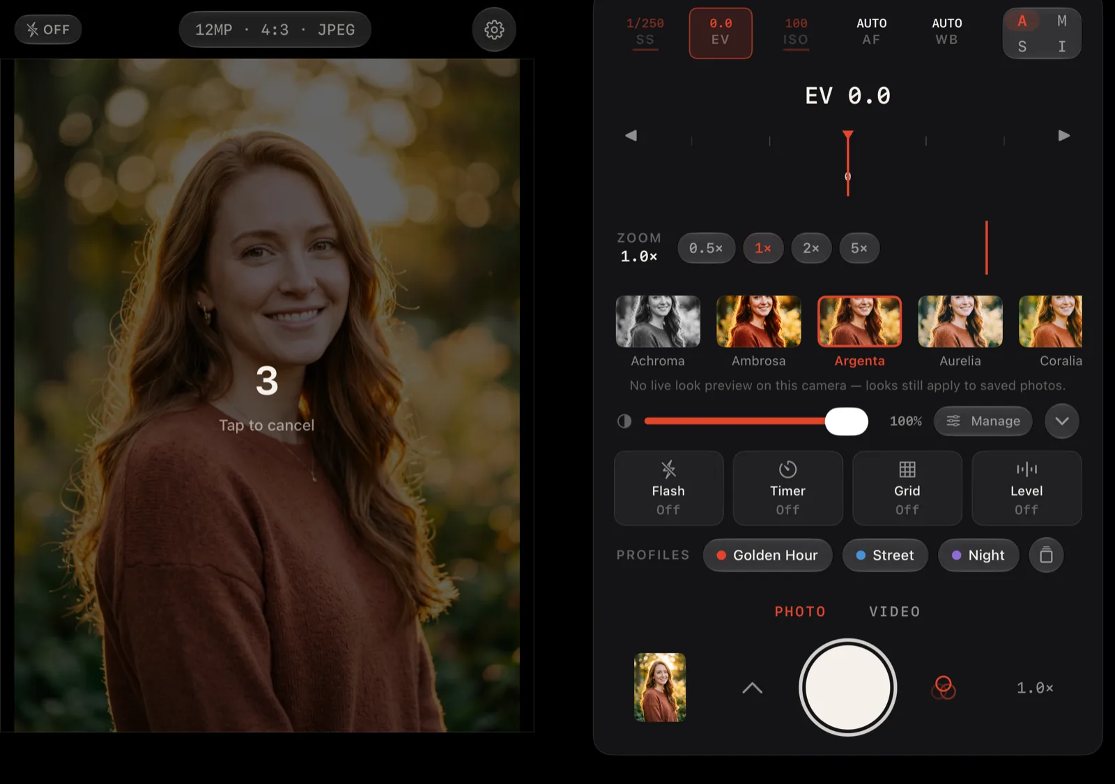 Lucid Camera on iPhone Duo open display showing a three-second self-timer countdown over a portrait in the viewfinder, with the Looks filmstrip and quick action buttons on the grip