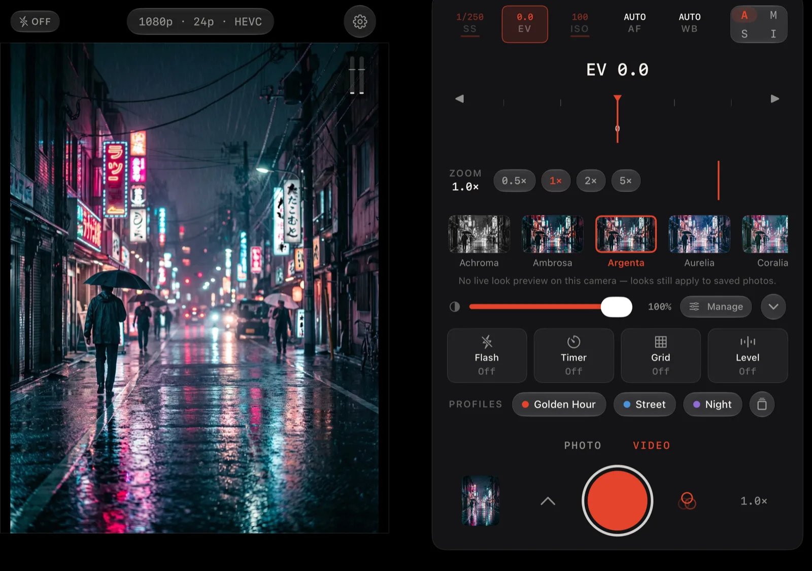 Lucid Camera on iPhone Duo open display in video mode showing a rainy neon street in a tall 9:16 viewfinder, the Looks filmstrip and a red record button on the grip